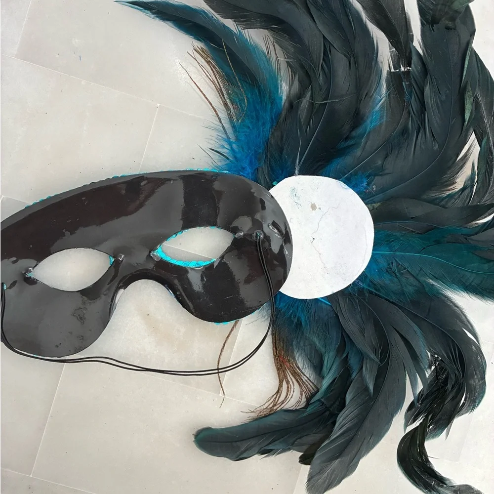 Teal blue Peacock Feather Sequin Mask